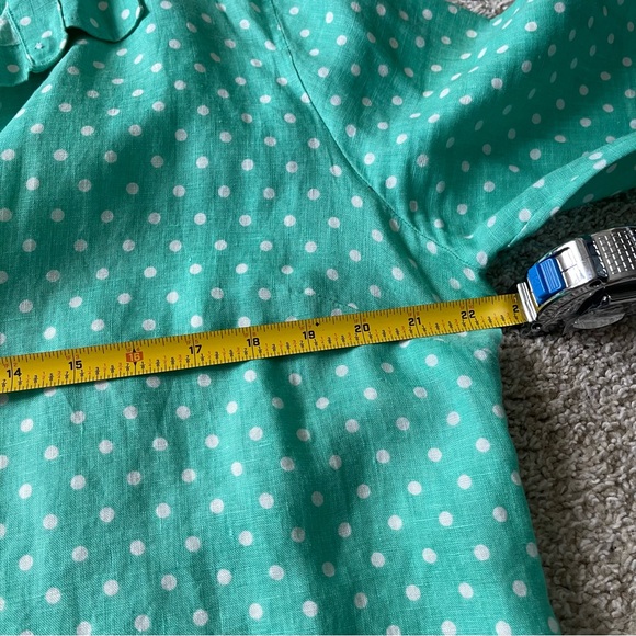 J Crew Green White Polka Dots 100% Linen Button Up Shirt Size XL Office Beach - Picture 4 of 8